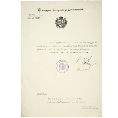 Bírói és ügyvédi vizsgabizottsági tagi kinevezési okirata 