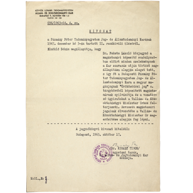 Az ELTE értesítése az egyetemi magántanári cím odaítéléséről